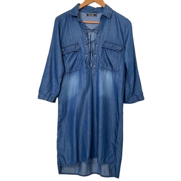 Song of Style Chambray Dress Blue Denim Lace Up Front Roll Up Tab Sleeves Small - Picture 1 of 9